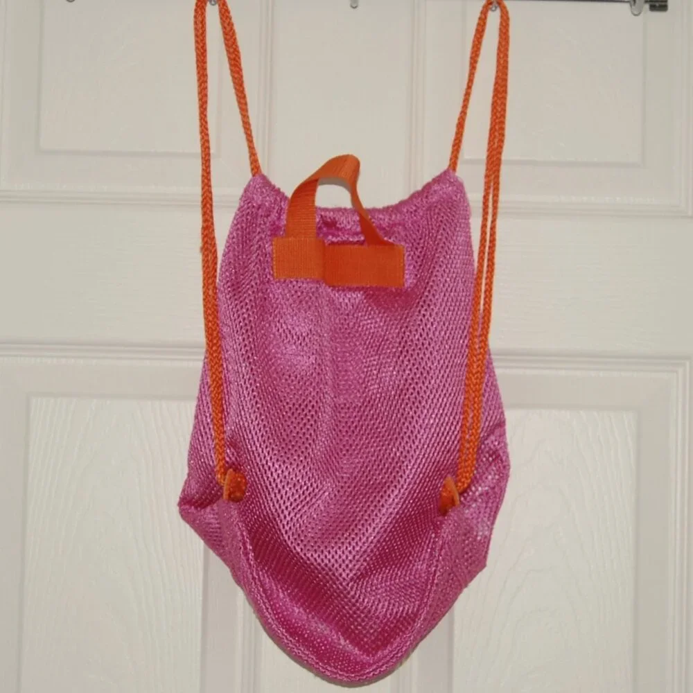 Girls Fuchsia Pink Mesh Drawstring Beach Bag